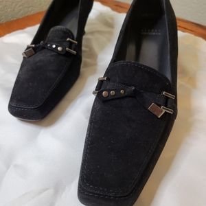 Black suede Stuart Weitzman square toe kitten heel
